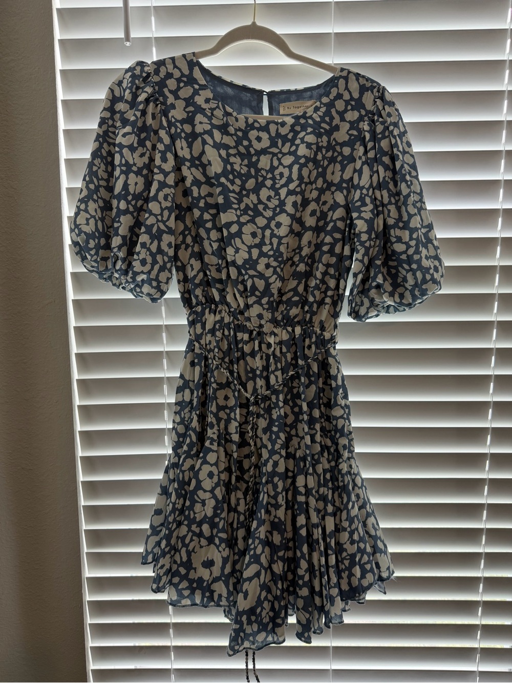 Together Blue and Cream Floral Puff-Sleeve Mini Dress